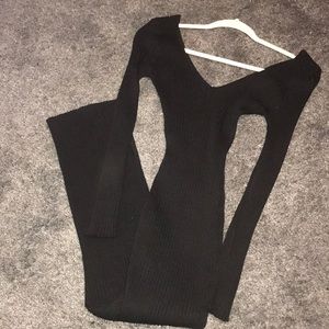 Maxi length off the shoulder ribbed sweater dress